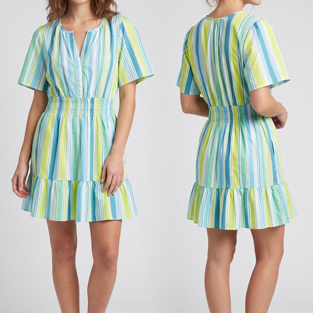 Lark + Grey Large Striped Dress Short Sleeve Notch Neckline Cotton
